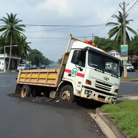 caminhão afunda no asfalto